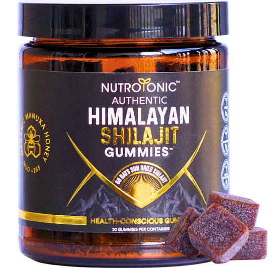 NutroTonic Shilajit Gummies peach-vanilla bottle for convenient daily wellness