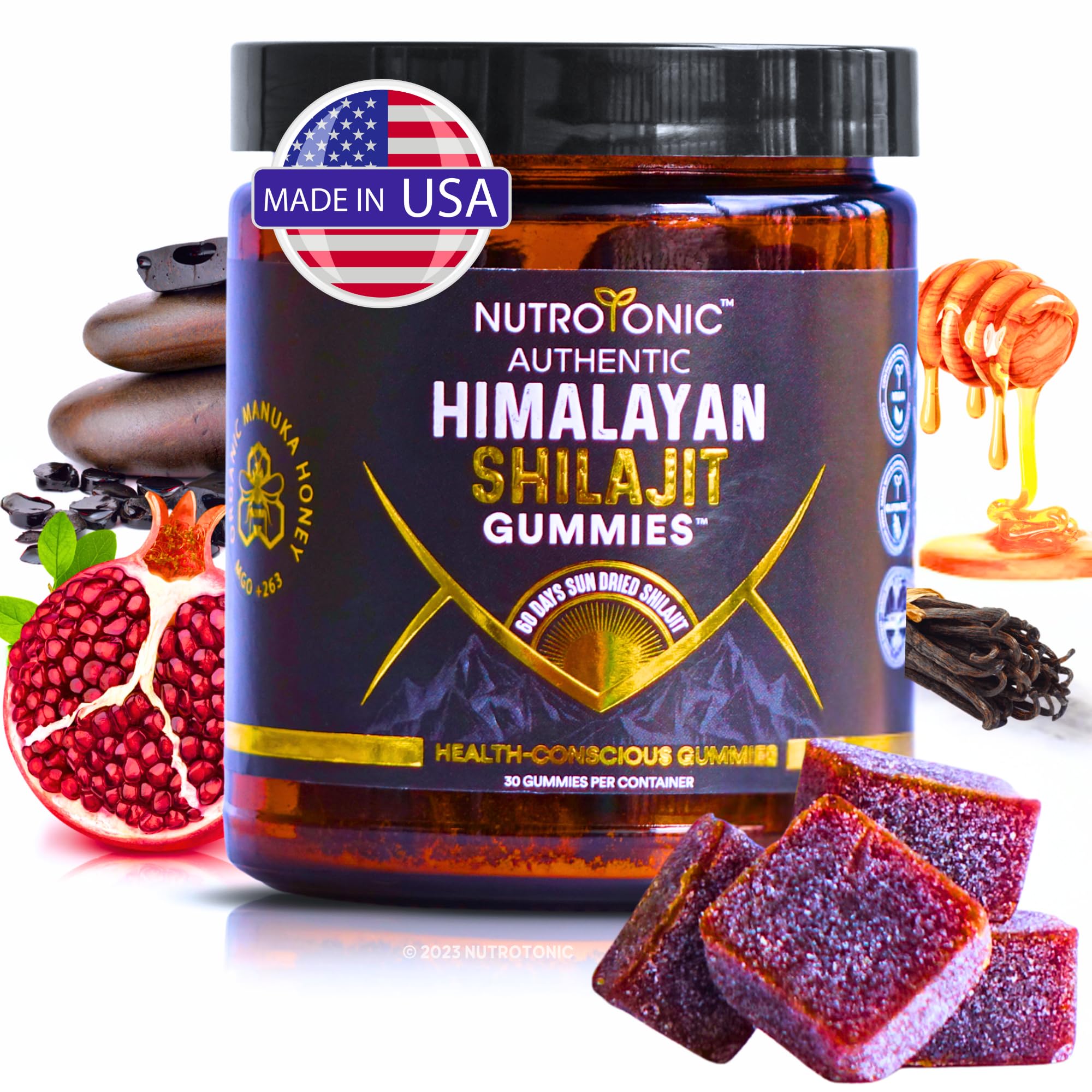 NutroTonic Shilajit Gummies bottle with pomegranate vanilla flavor for daily routine.
