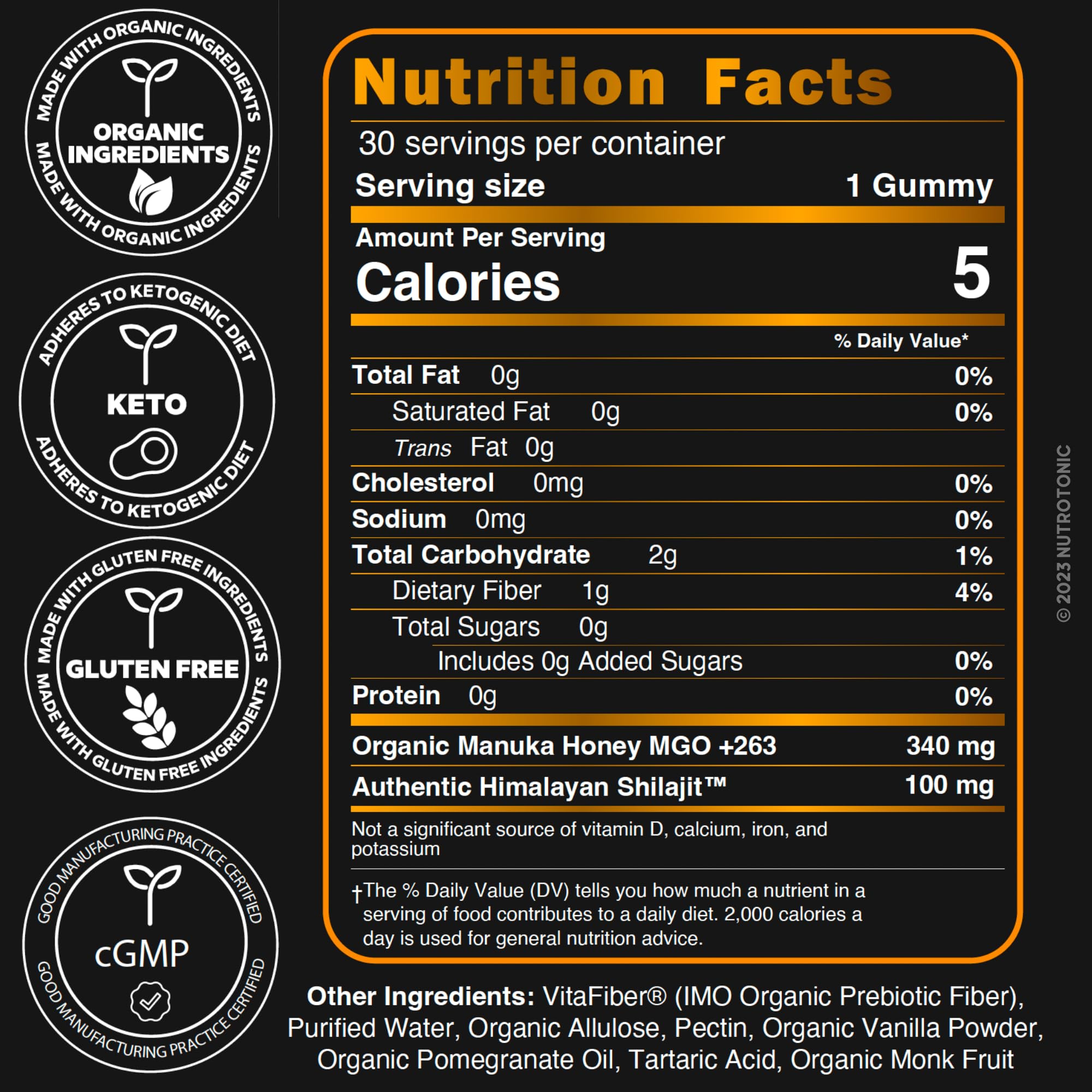 Close-up of vanilla-peach flavored NutroTonic Shilajit Gummies for flavor profile.
