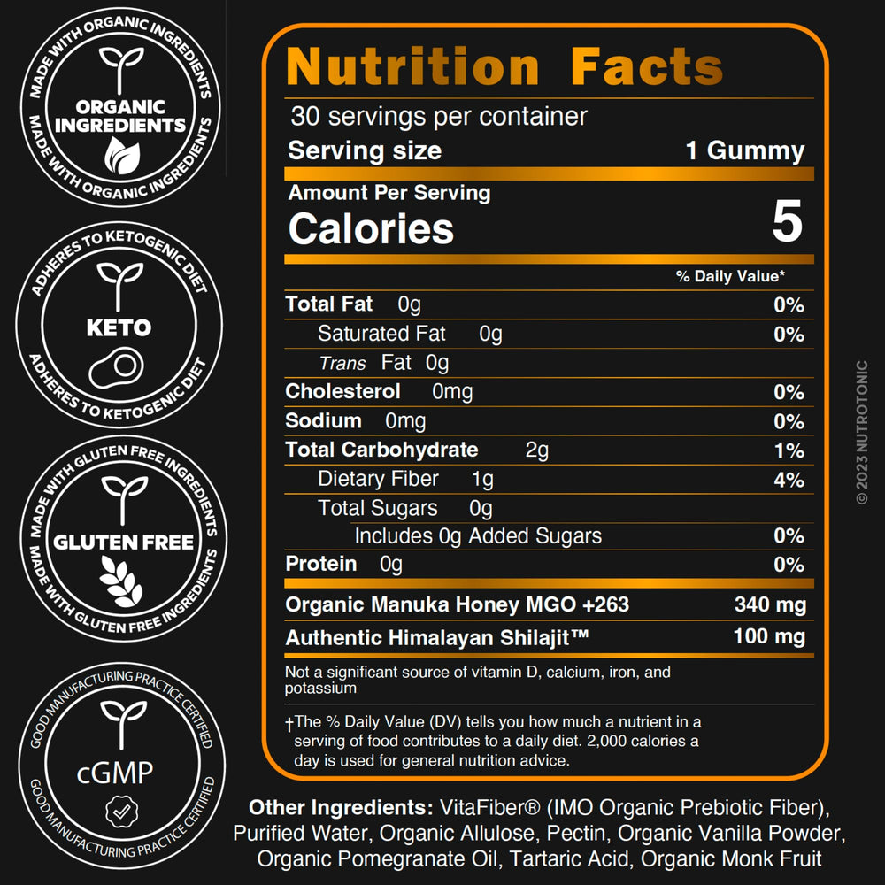 Close-up of vanilla-peach flavored NutroTonic Shilajit Gummies for flavor profile.
