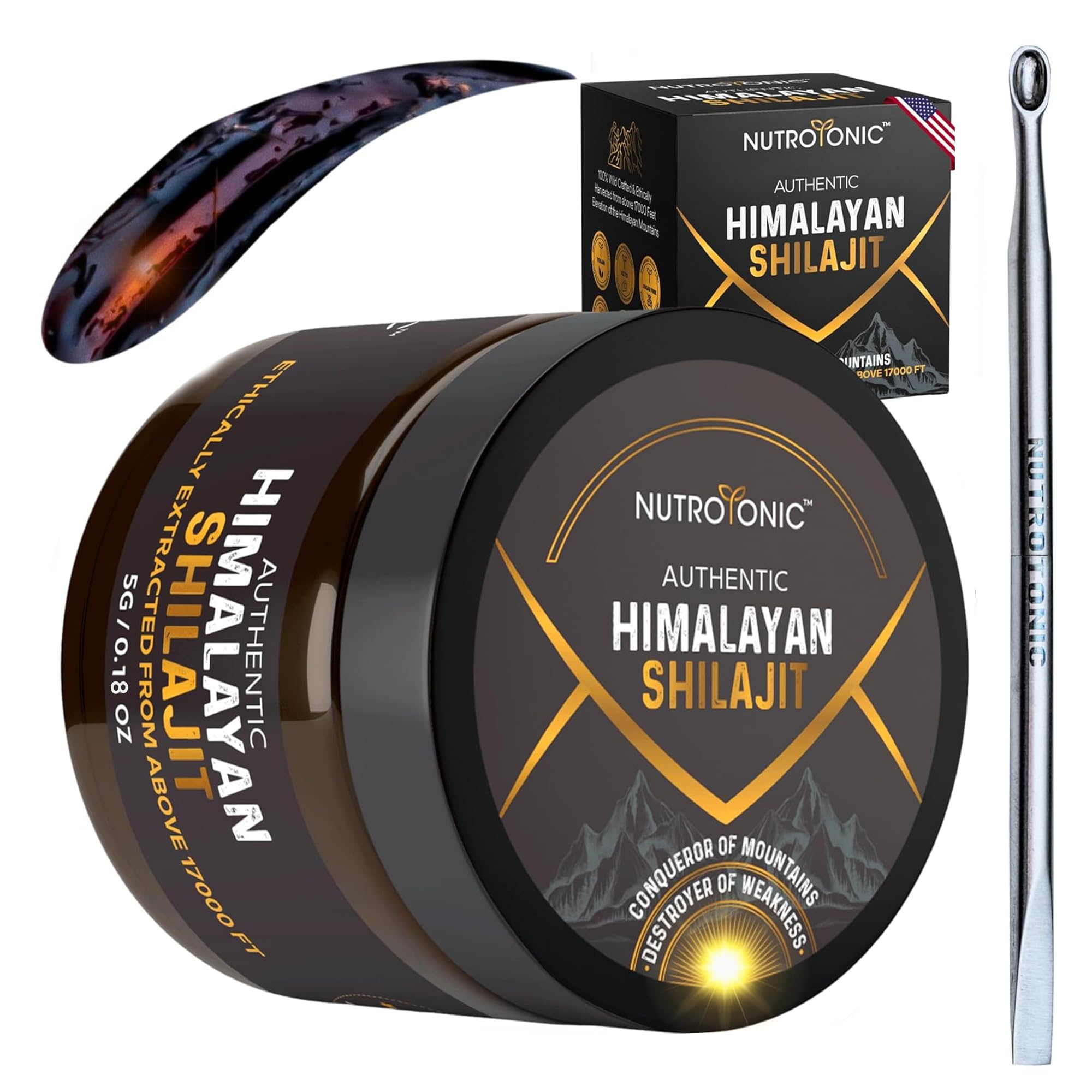 NutroTonic Shilajit resin bottle shows premium purity for daily energy support.