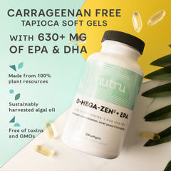 Nutru O-Mega-Zen3 bottle features algae-sourced DHA and EPA for sustainable support.