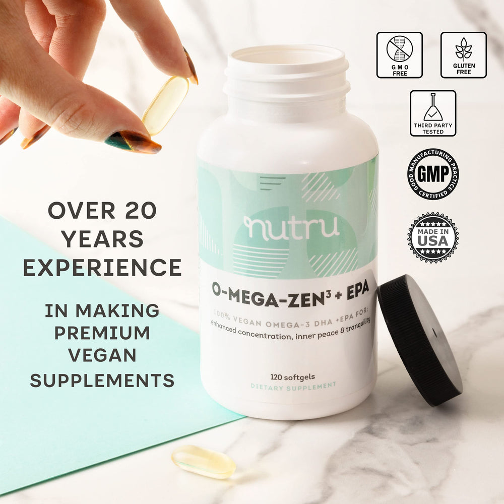 Nutru O-Mega-Zen3 pack highlights eco-friendly vegan omega-3 option.