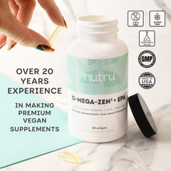 Nutru O-Mega-Zen3 pack highlights eco-friendly vegan omega-3 option.