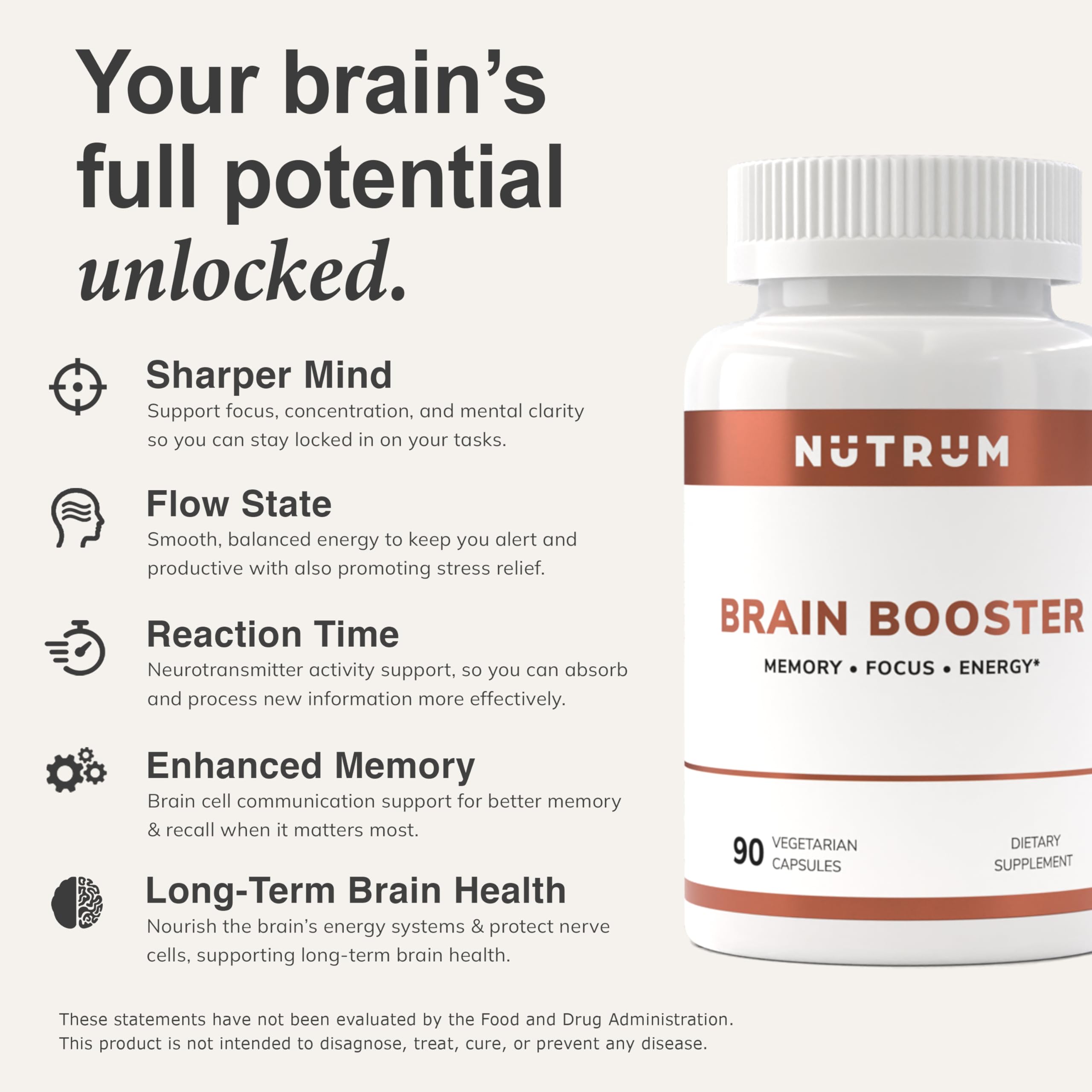 Nutrum Brain Booster bottle back with dosage notes for daily use