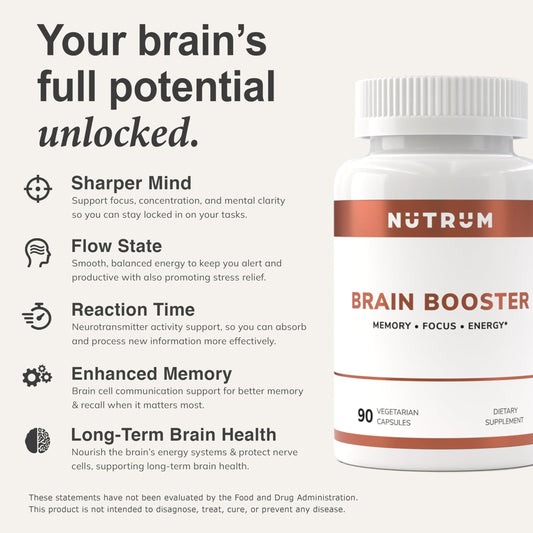 Nutrum Brain Booster bottle back with dosage notes for daily use