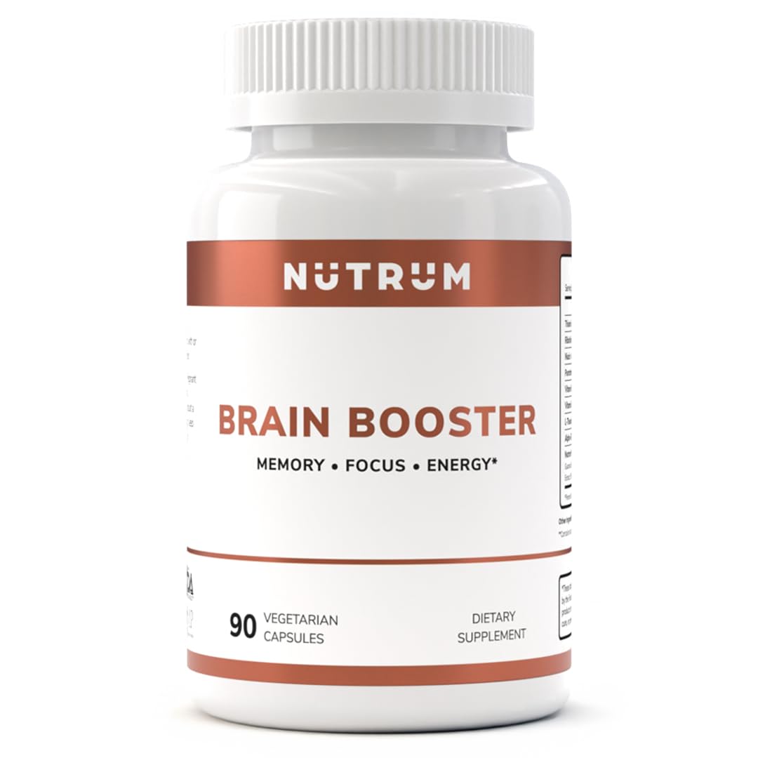 Nutrum Brain Booster bottle front showcases sleek packaging for daily focus