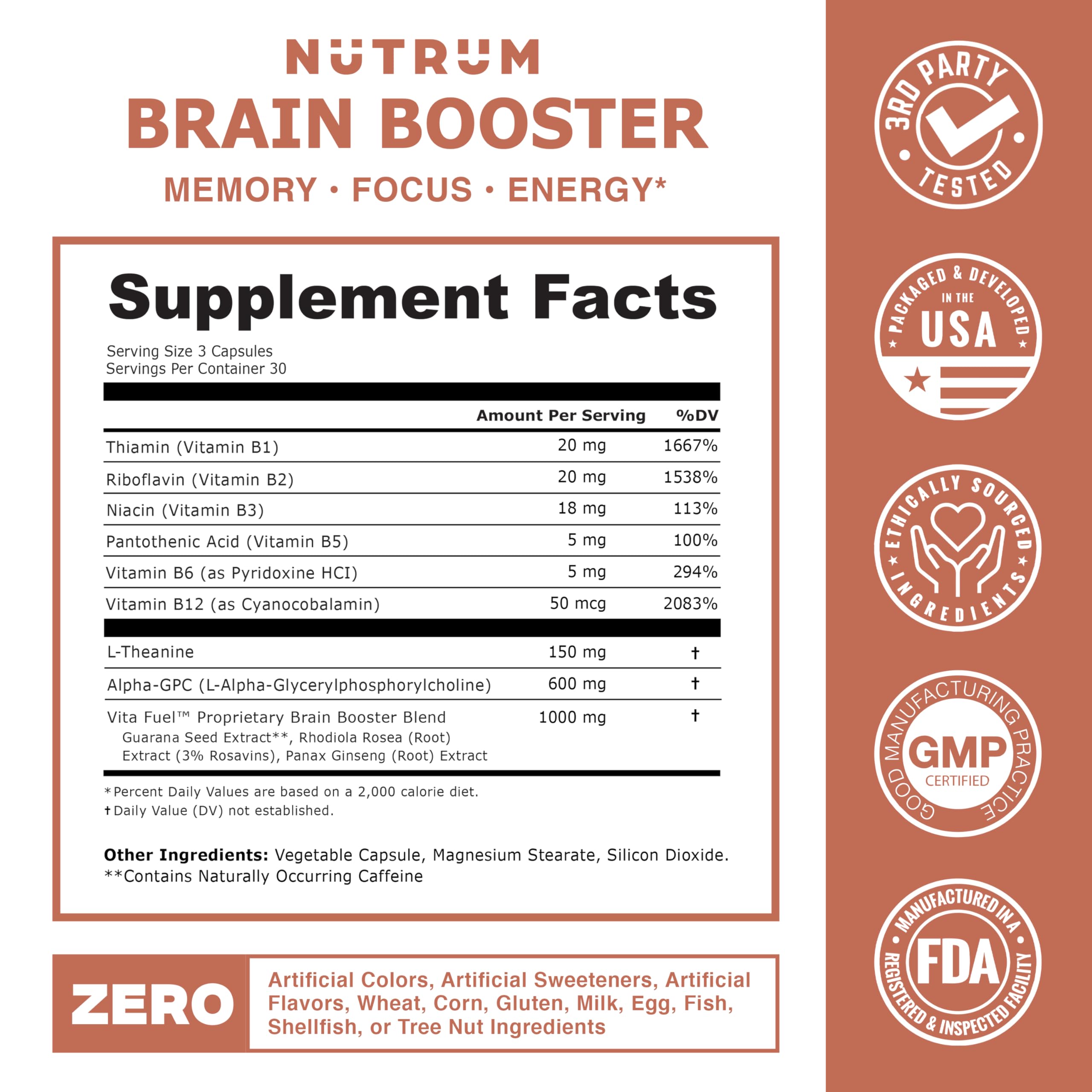 Nutrum Brain Booster ingredients blend highlighting ginseng, rhodiola and guarana