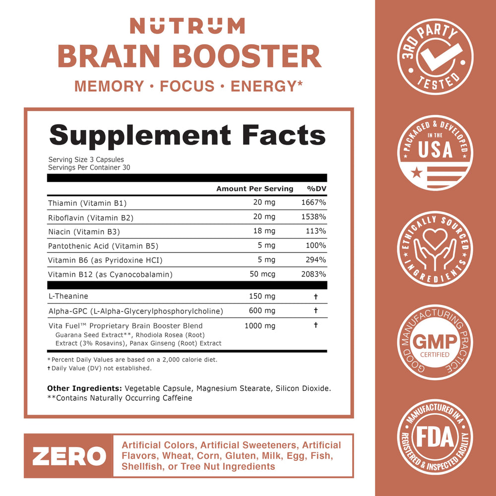 Nutrum Brain Booster ingredients blend highlighting ginseng, rhodiola and guarana