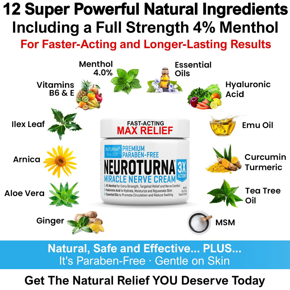 Nuturna Neuropathy Nerve Relief Cream packaging shown for premium USA-made care.