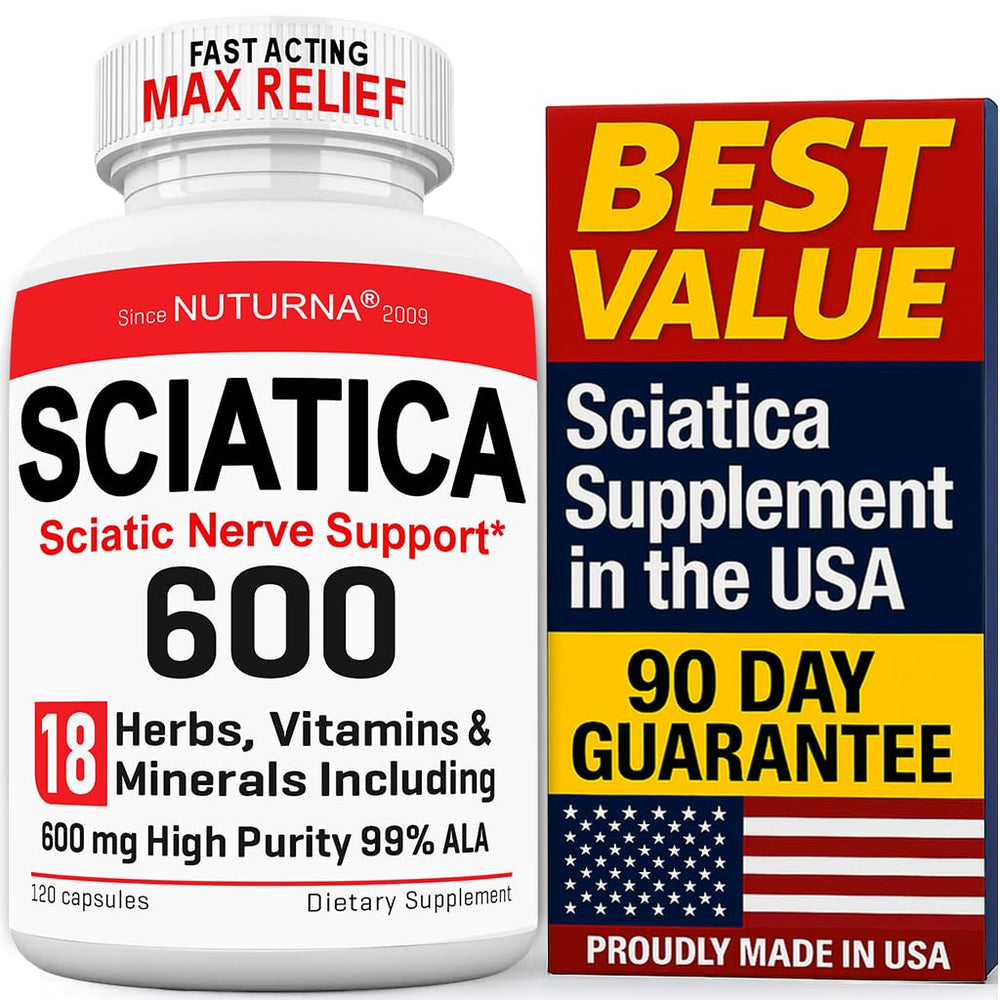 Nuturna Sciatica Nerve Relief bottle front highlights 600 mg ALA for nerve support.