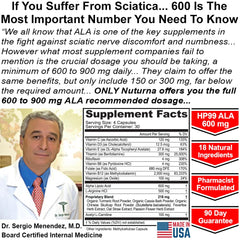 Nuturna Sciatica Nerve Relief ingredients panel closeup notes ALA dosage for potential support.