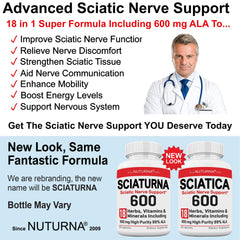 Nuturna Sciatica Nerve Relief packaging with natural imagery conveys wellness and reliability.