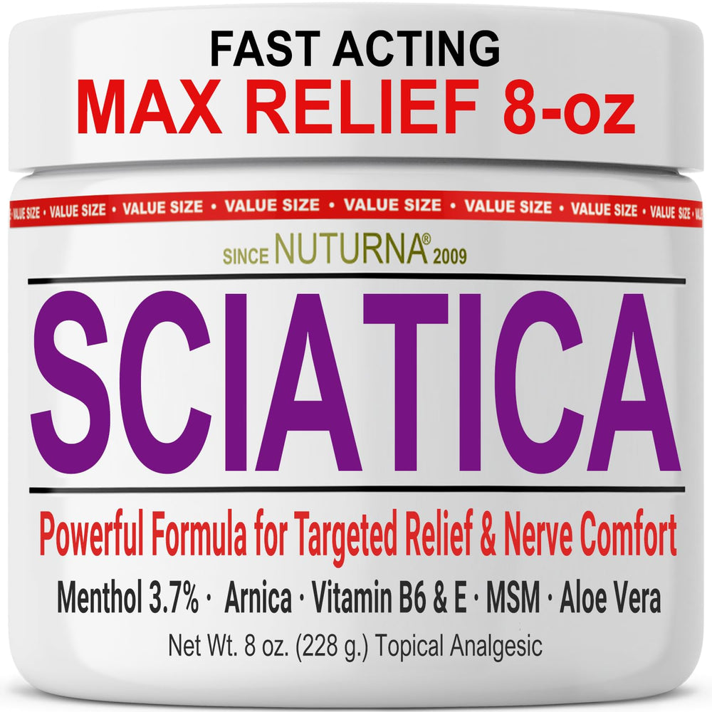 Nuturna Sciatica Nerve Cream bottle delivers cooling relief for tense muscles.