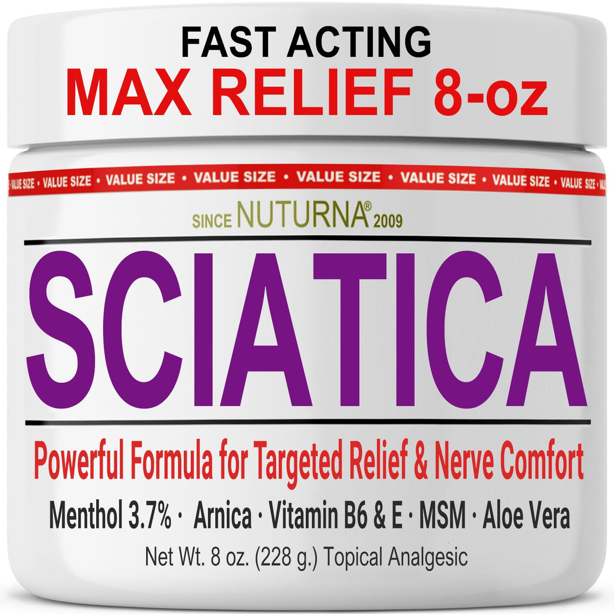Nuturna Sciatica Nerve Cream bottle delivers cooling relief for tense muscles.