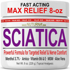 Nuturna Sciatica Nerve Cream bottle delivers cooling relief for tense muscles.