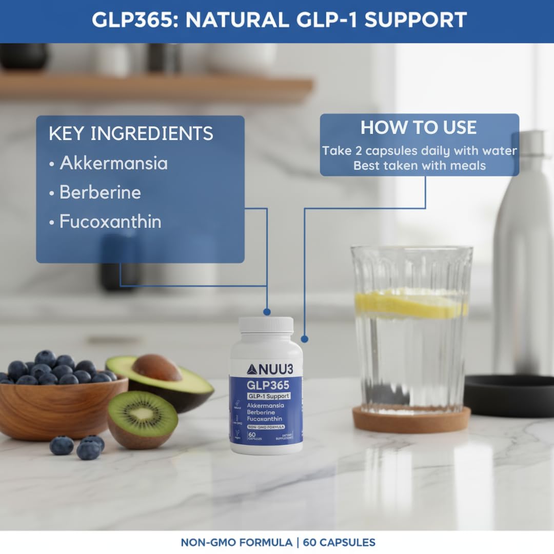 NUU3 GLP365 akkermansia capsule close-up illustrating gut health signals.