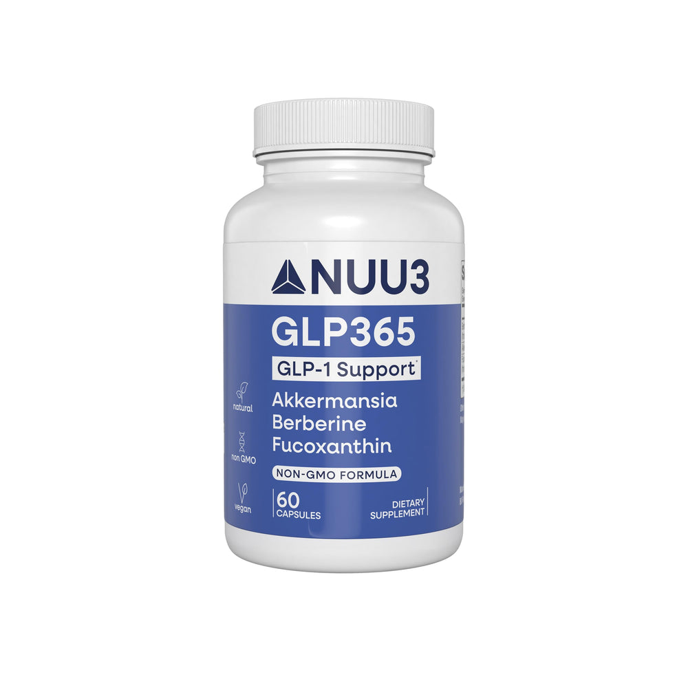 NUU3 GLP365 bottle front view highlighting a clean label for natural fullness support.