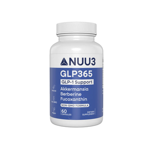 NUU3 GLP365 bottle front view highlighting a clean label for natural fullness support.