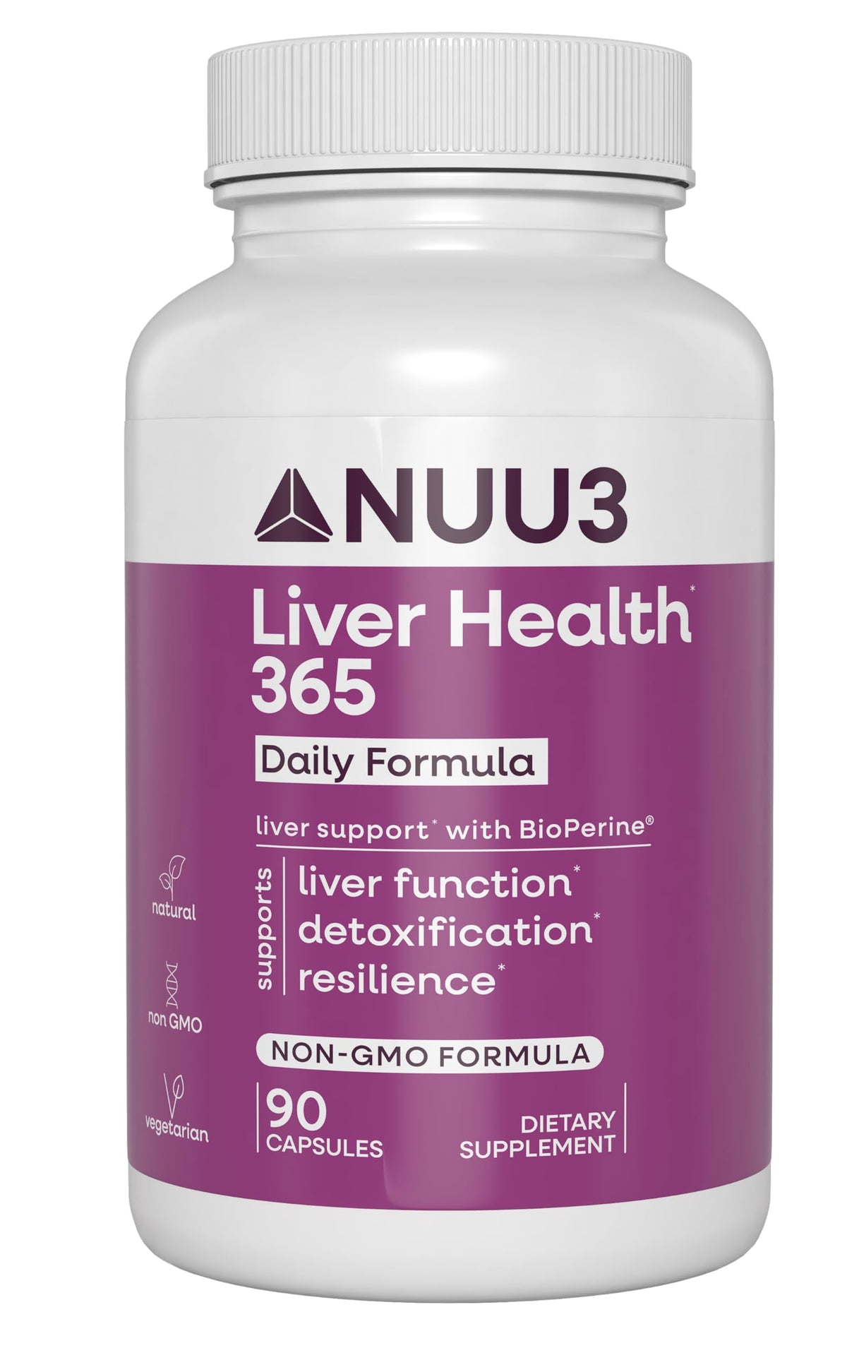 NUU3 Liver Health 365 bottle-front promotes daily detox support in a convenient capsule