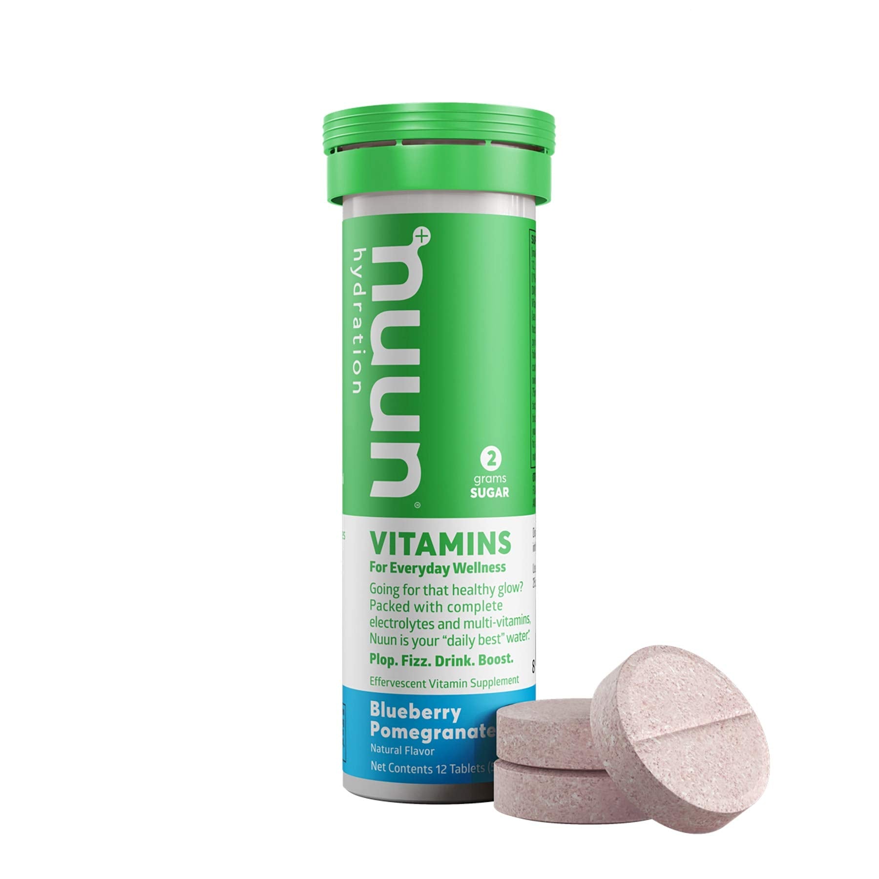 Nuun Blueberry Pomegranate tabs dissolving in water provide a refreshing electrolyte boost.