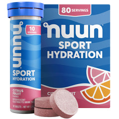 Nuun Citrus Fruit electrolyte tabs dissolving in a glass for clean hydration on the go.