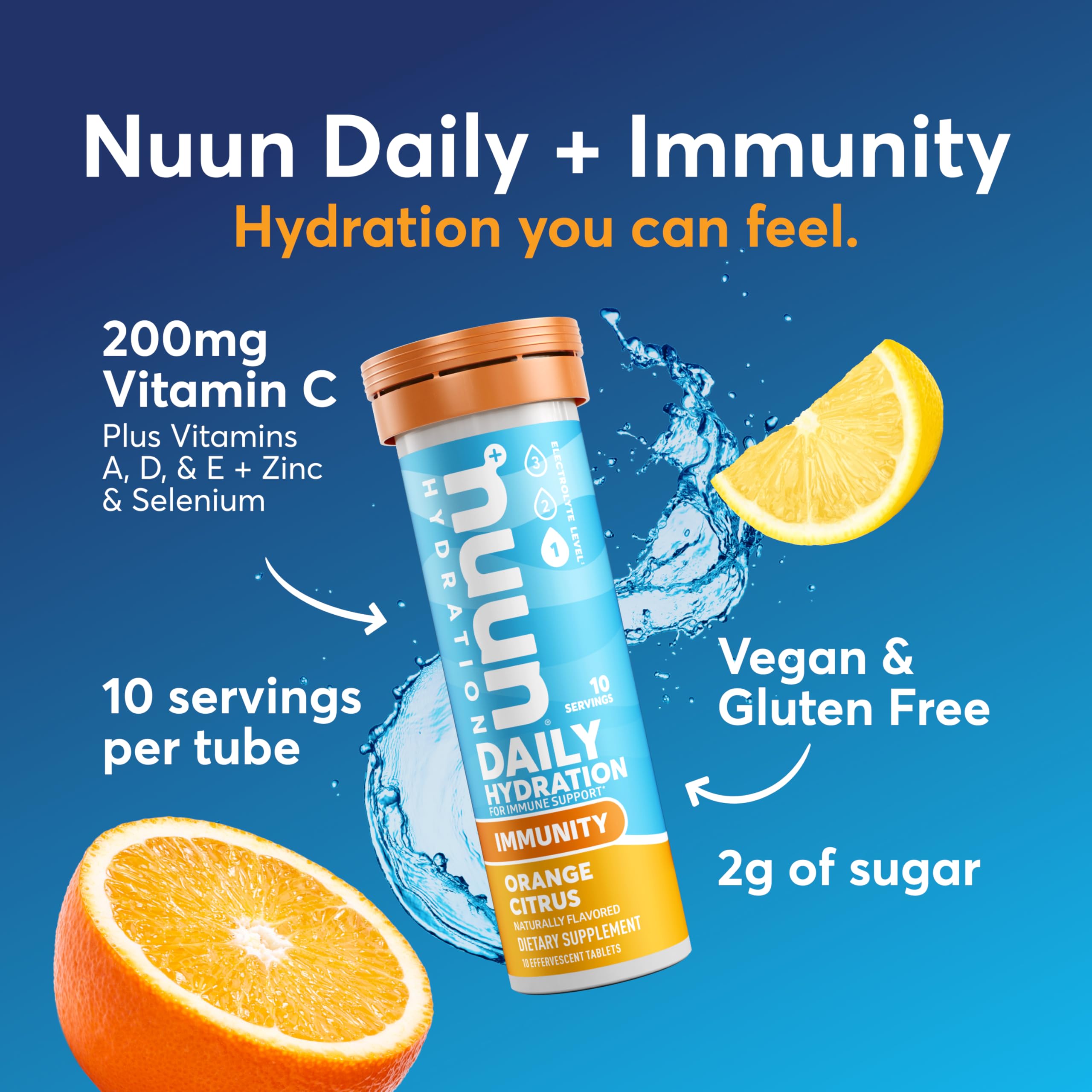 Nuun immunity tablets dissolving in water for a refreshing citrus drink.