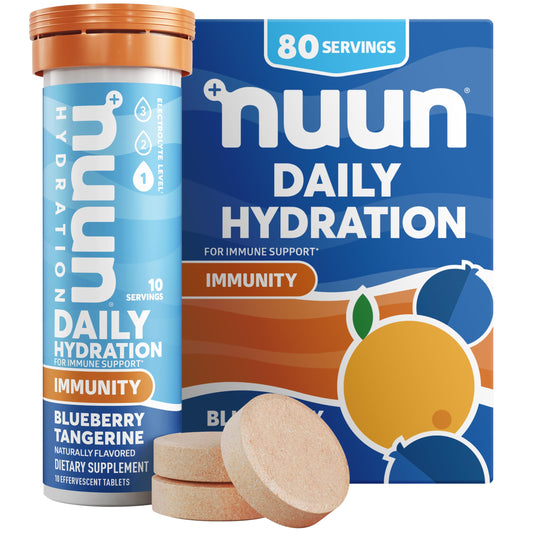 Nuun Immunity tube showing blueberry-tangerine flavor for hydration on the go