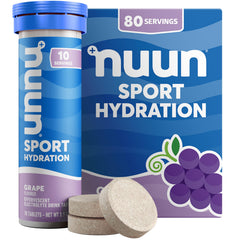 Nuun Sport grape tablets dissolving in water for on the go hydration