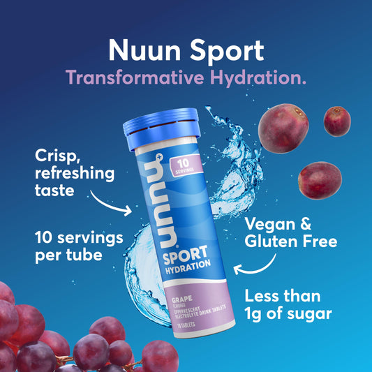 Close up of Nuun Sport grape tubes in packaging for portable hydration
