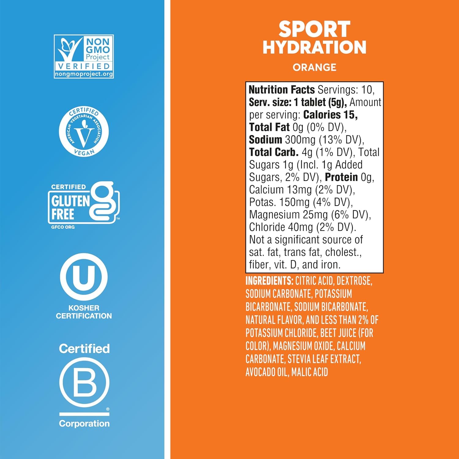 Nuun Sport Orange packaging highlights vegan, gluten-free, non-GMO formulation.