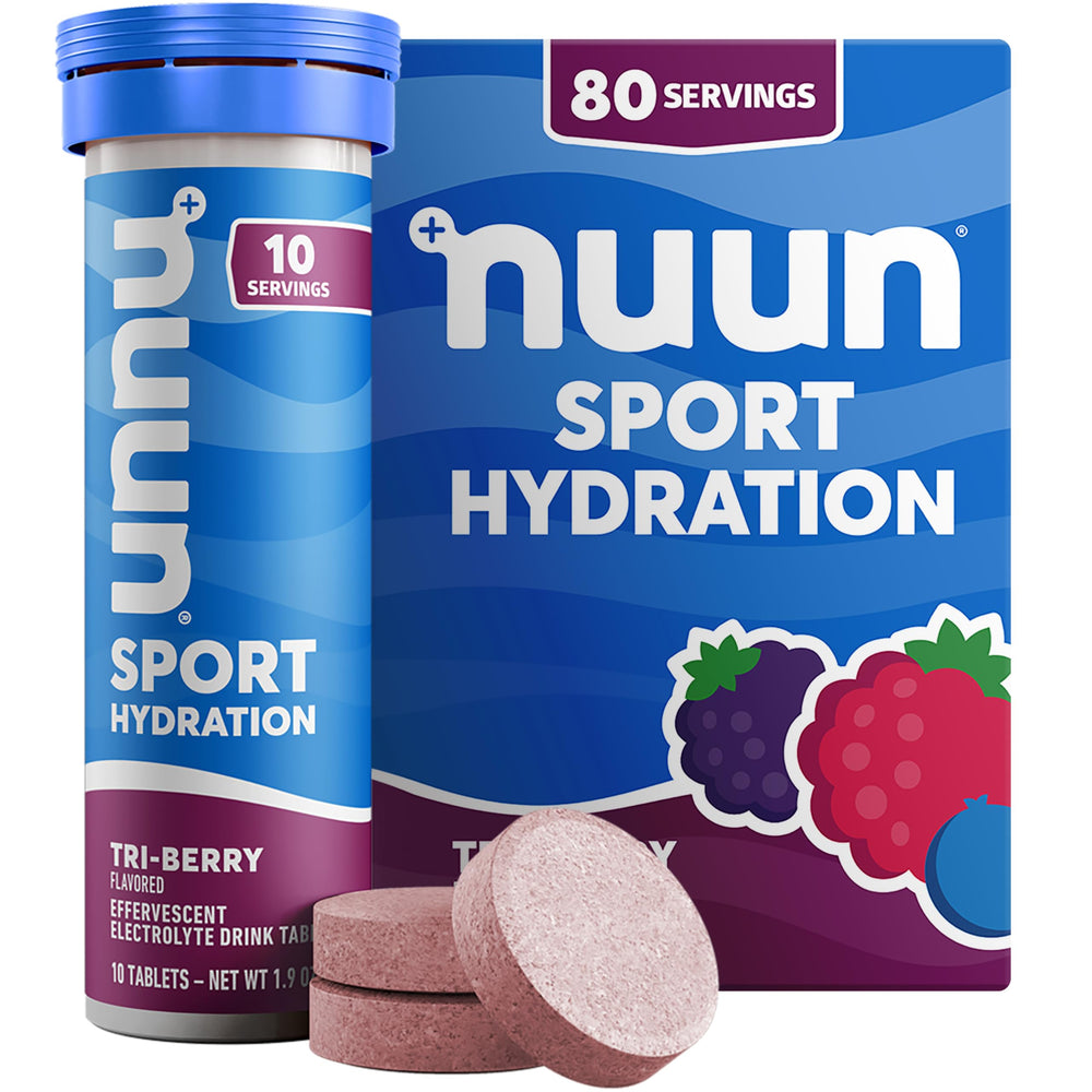 Nuun Tri Berry tablet dissolving in water for refreshing hydration.