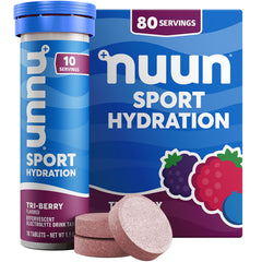 Nuun Tri Berry tablet dissolving in water for refreshing hydration.