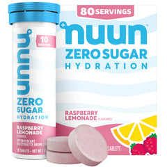 Nuun Zero Sugar Raspberry Lemonade tablet dissolving in water for on-the-go hydration