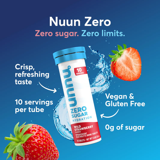 Nuun Zero Sugar Wild Strawberry tube displaying 10 servings for on-the-go hydration