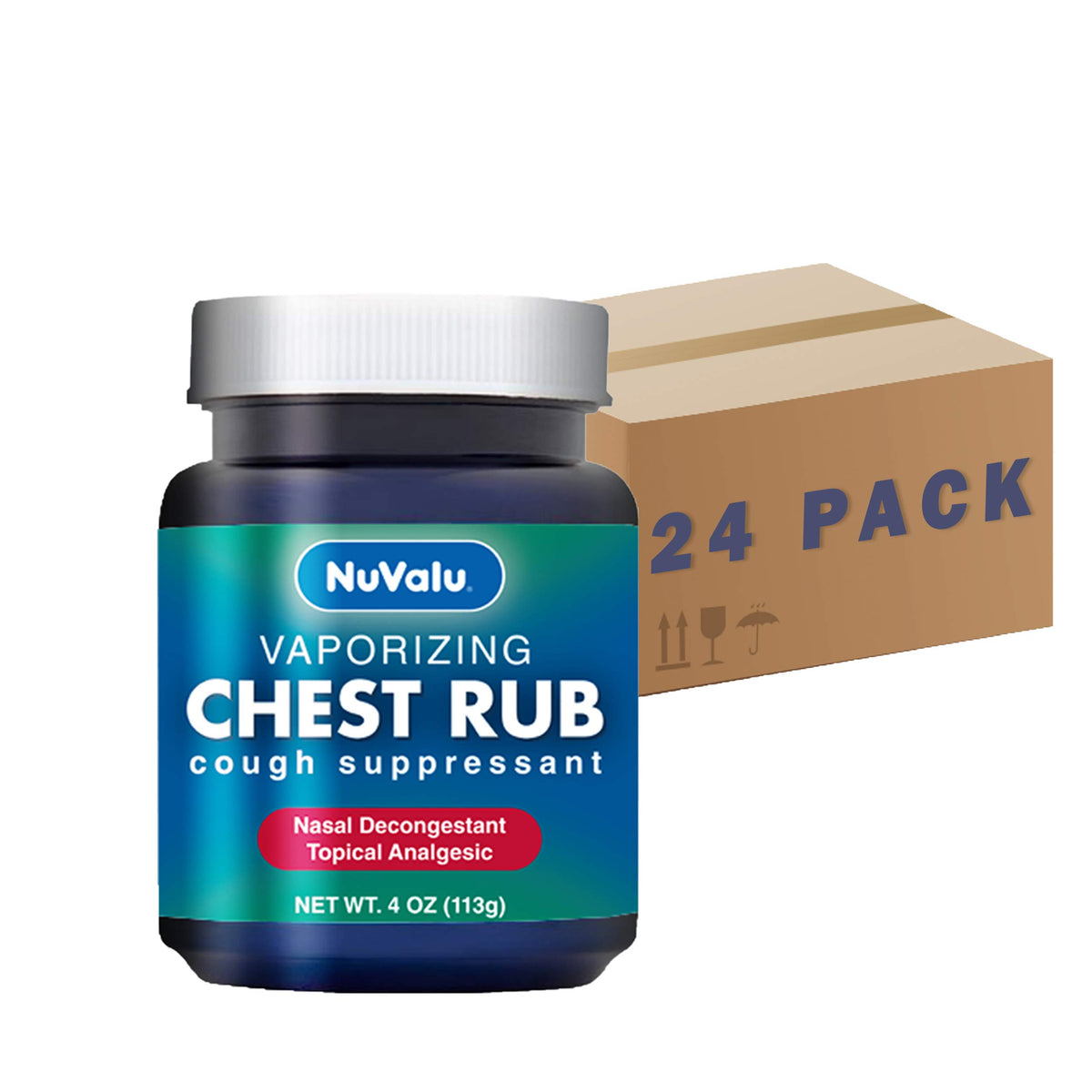 NuValu cough suppressant chest rub bottle for portable congestion relief.