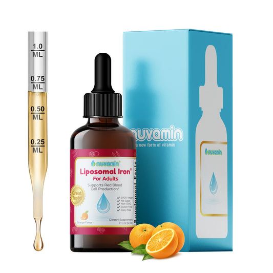 Nuvamin liquid iron drops bottle on counter for daily iron support.