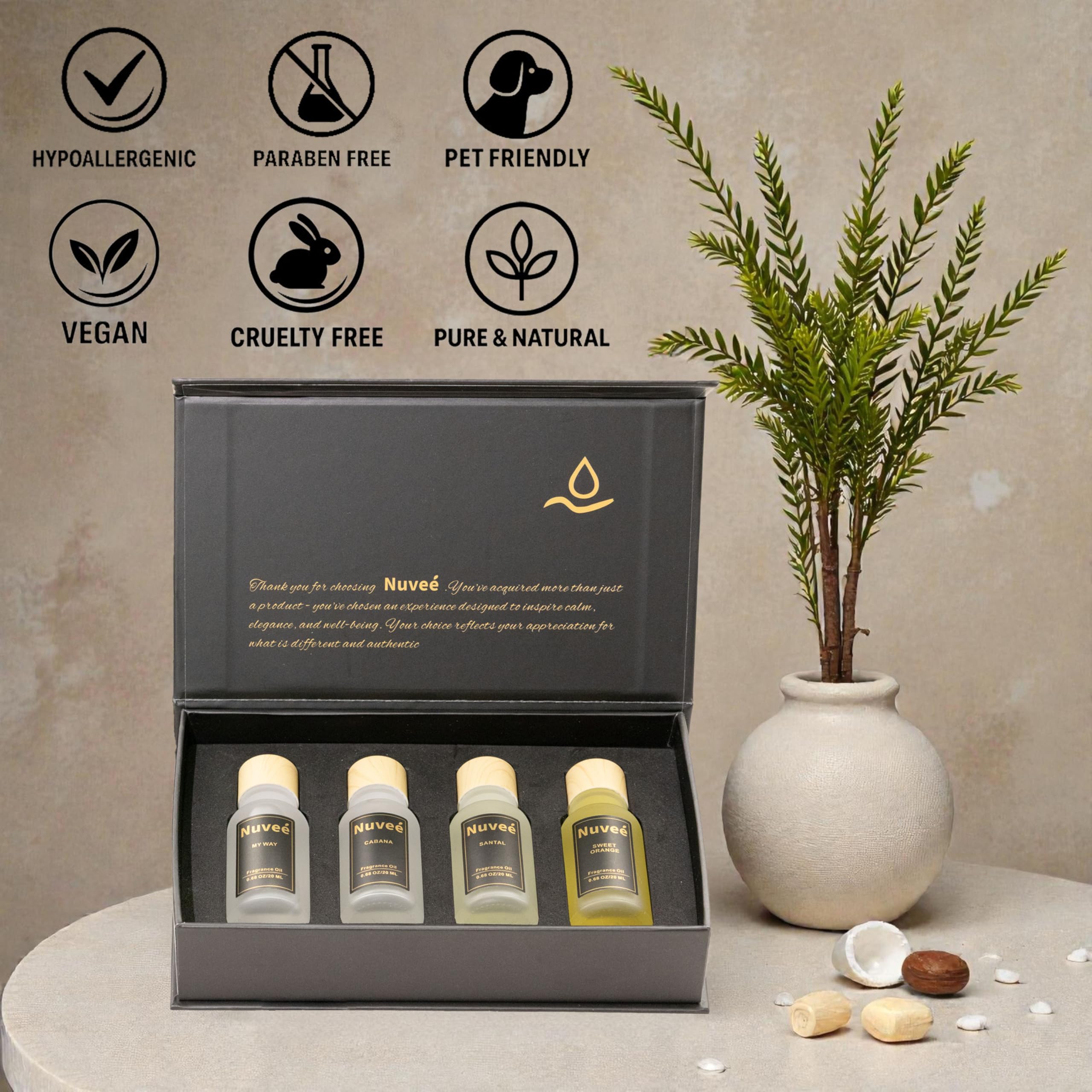 Nuveé Santal 20 ml bottle in stylish home setup.