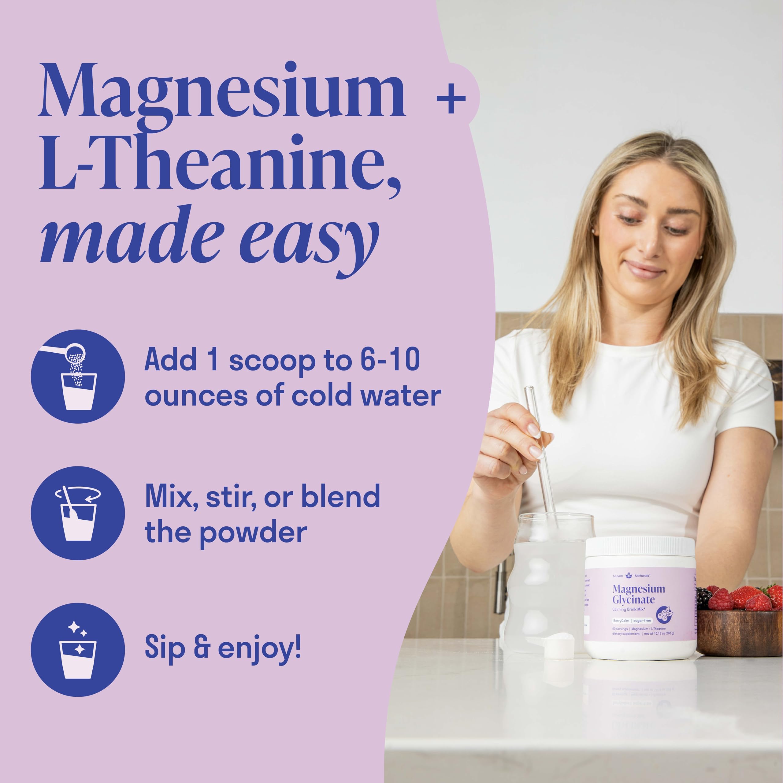 Berry flavored drink served with Nuven Naturals magnesium glycinate powder.