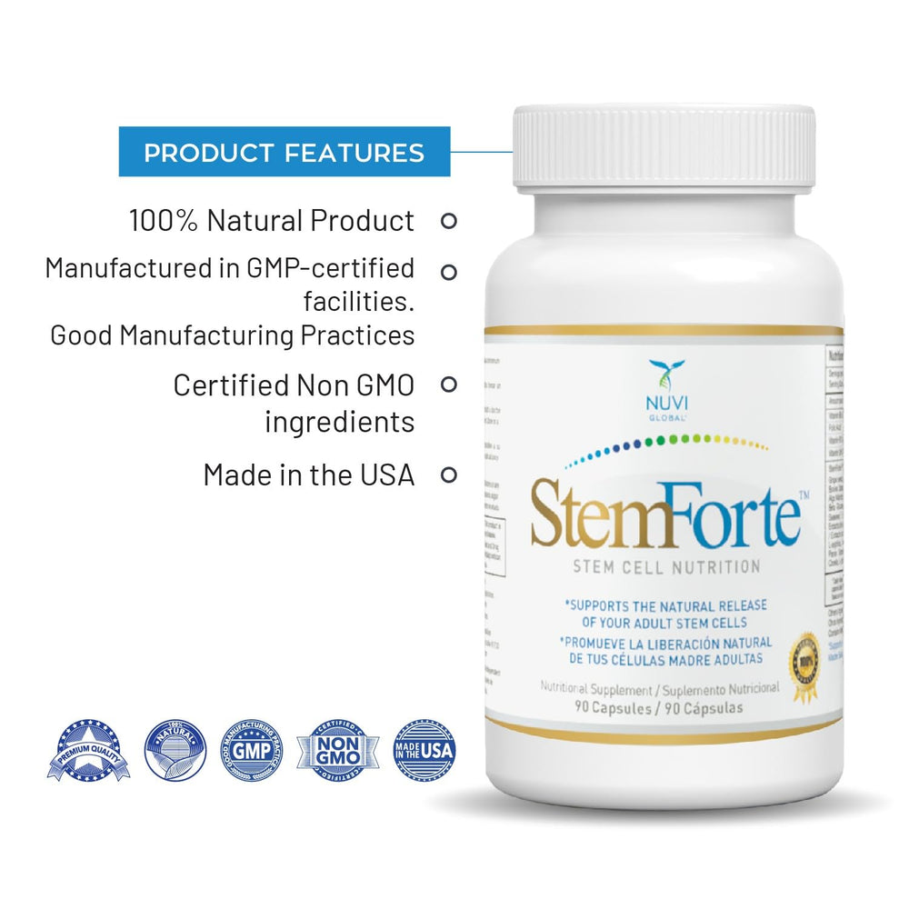 NuVi Global StemForte beta glucan feature suggests immune-support potential.