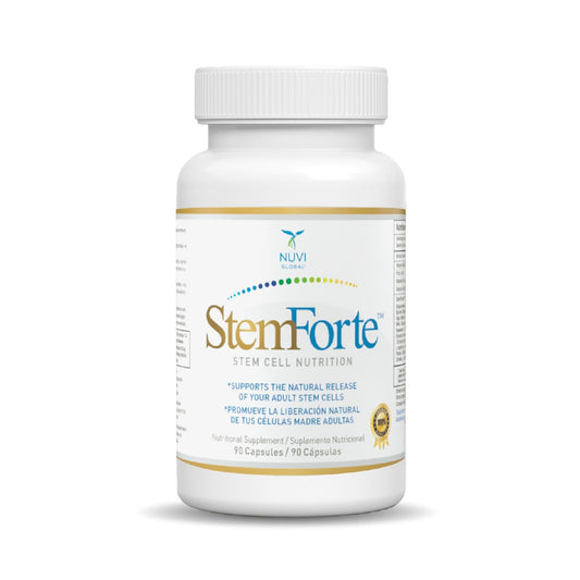 NuVi Global StemForte bottle front for daily stem cell support.