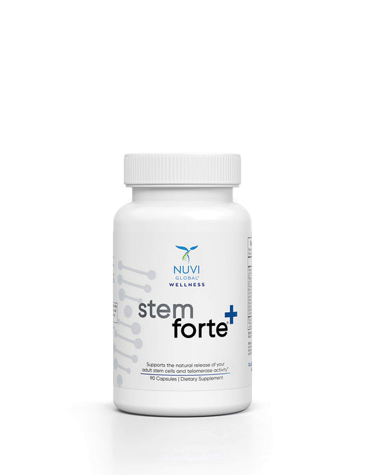 NuVi Global Stemforte Plus bottle front view showing the product and packaging for healthy aging.