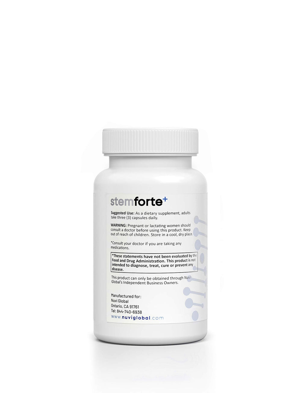 NuVi Global Stemforte Plus bottle side view with capsules visible.