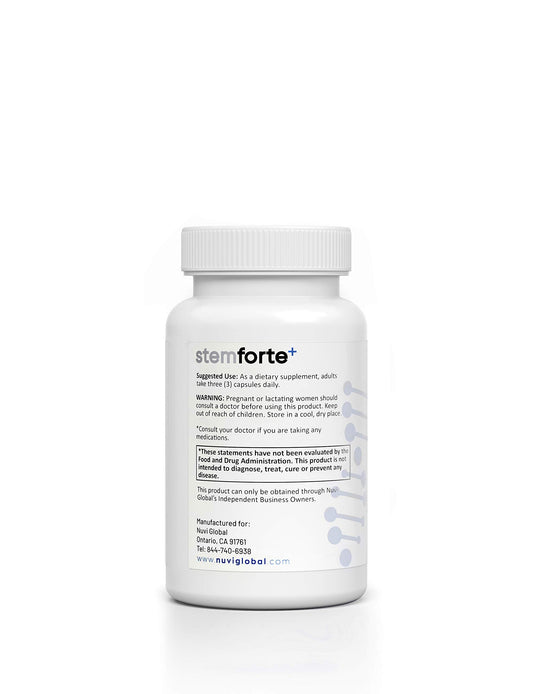 NuVi Global Stemforte Plus bottle side view with capsules visible.