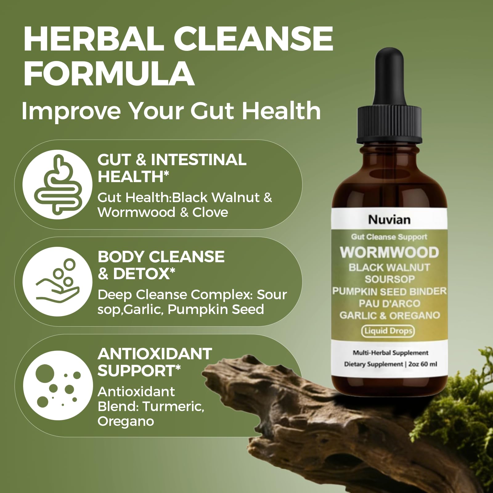 NUVIAN Clove and oregano oil blend shown for internal wellness support.