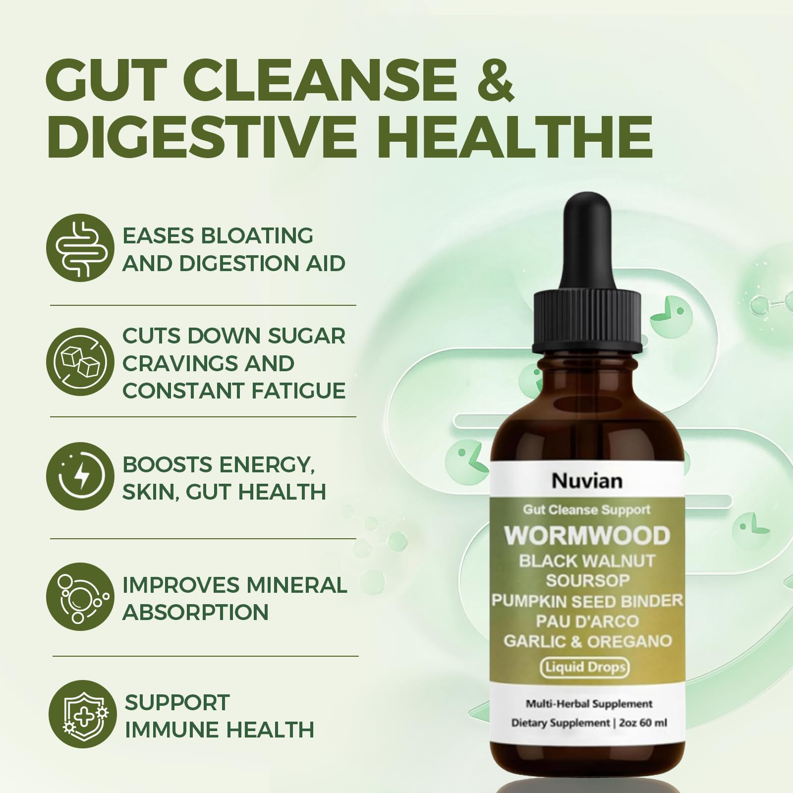 NUVIAN Wormwood Gut Cleanse dropper set beside a glass of water for easy use.