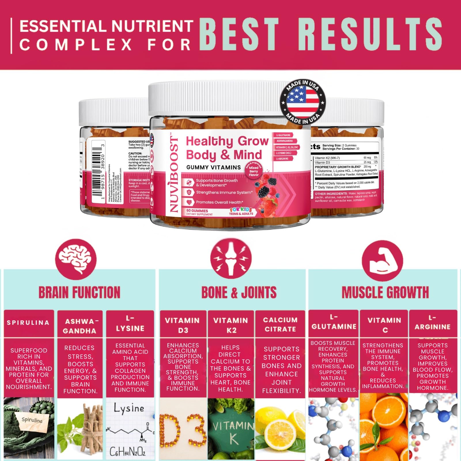 NUVIBOOST Healthy Grow gummies closeup highlighting berry texture and bite-sized nutrition.