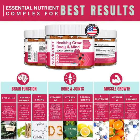NUVIBOOST Healthy Grow gummies closeup highlighting berry texture and bite-sized nutrition.