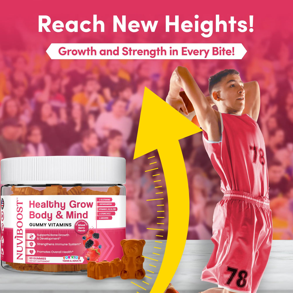 NUVIBOOST Healthy Grow bottle label shows ingredients and daily intake guidelines.