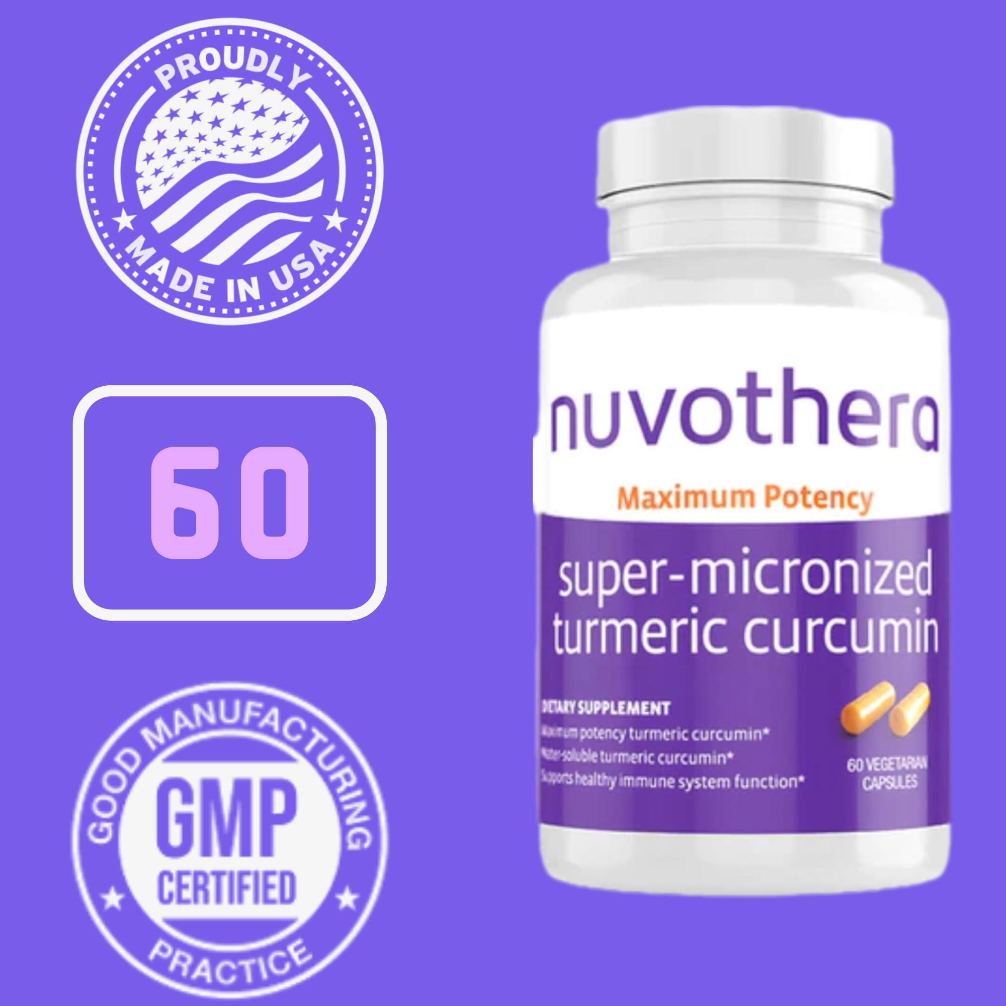 Nuvothera turmeric capsules on white background indicate convenient joint and skin support.
